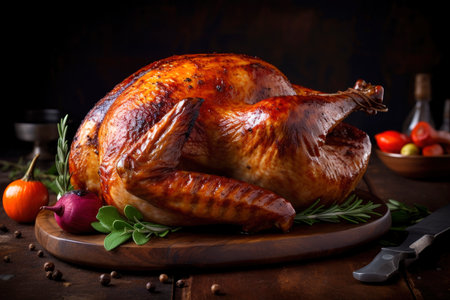 Homemade festive baked turkey for Thanksgiving with vegetables, AI Generated illustrationの素材