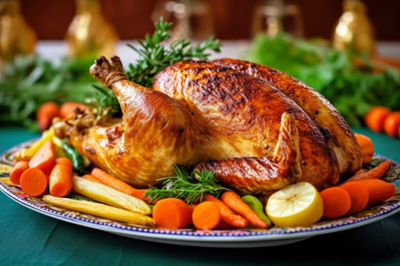 Homemade festive baked turkey for Thanksgiving with vegetables, AI Generated illustrationの素材