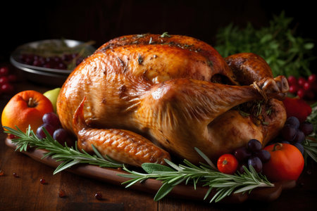 Homemade festive baked turkey for Thanksgiving with vegetables, AI Generated illustrationの素材