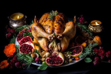 Homemade festive baked turkey for Thanksgiving with vegetables, AI Generated illustrationの素材
