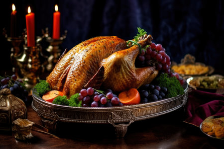 Homemade festive baked turkey for Thanksgiving with vegetables, AI Generated illustrationの素材