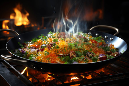 Stewed vegetables in a frying pan, vegetable ratatouille, AI Generated illustrationの素材