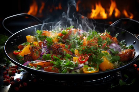 Stewed vegetables in a frying pan, vegetable ratatouille, AI Generated illustrationの素材