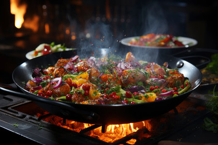 Stewed vegetables in a frying pan, vegetable ratatouille, AI Generated illustrationの素材
