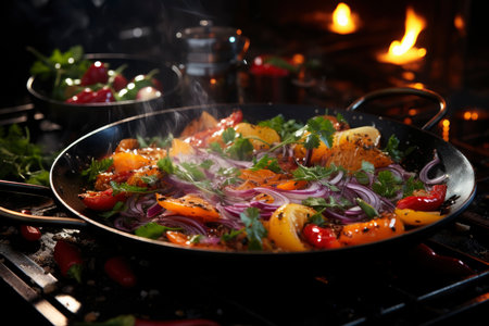 Stewed vegetables in a frying pan, vegetable ratatouille, AI Generated illustrationの素材