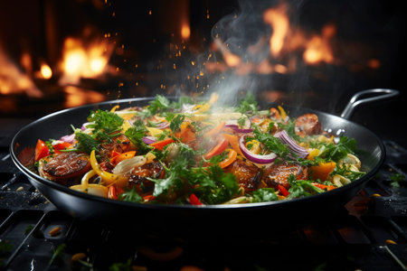 Stewed vegetables in a frying pan, vegetable ratatouille, AI Generated illustrationの素材