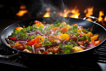 Stewed vegetables in a frying pan, vegetable ratatouille, AI Generated illustrationの素材