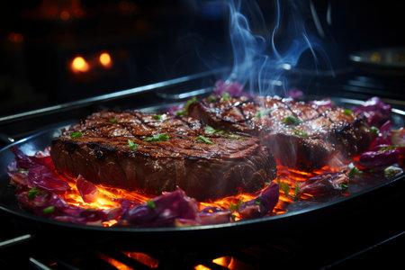 Grilled beef steak with vegetables, barbecue with fire and smoke, AI Generated illustrationの素材