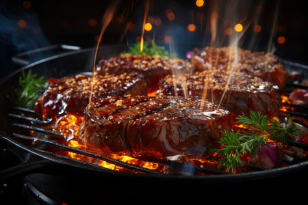 Grilled beef steak with vegetables, barbecue with fire and smoke, AI Generated illustrationの素材