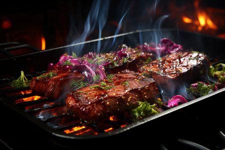Grilled beef steak with vegetables, barbecue with fire and smoke, AI Generated illustrationの素材