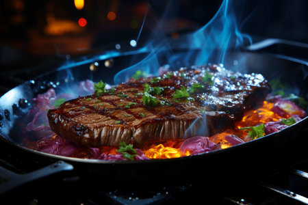Grilled beef steak with vegetables, barbecue with fire and smoke, AI Generated illustrationの素材