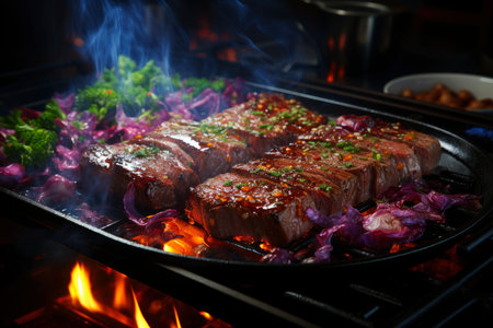 Grilled beef steak with vegetables, barbecue with fire and smoke, AI Generated illustrationの素材