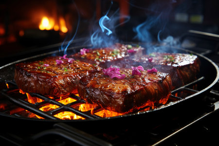 Grilled beef steak with vegetables, barbecue with fire and smoke, AI Generated illustrationの素材