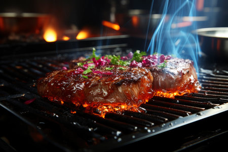 Grilled beef steak with vegetables, barbecue with fire and smoke, AI Generated illustrationの素材