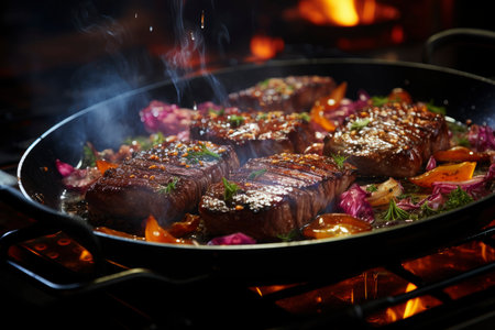 Grilled beef steak with vegetables, barbecue with fire and smoke, AI Generated illustrationの素材