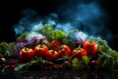 Fresh ripe vegetables with smoke on black background, healthy eating concept, AI Generated illustrationの素材
