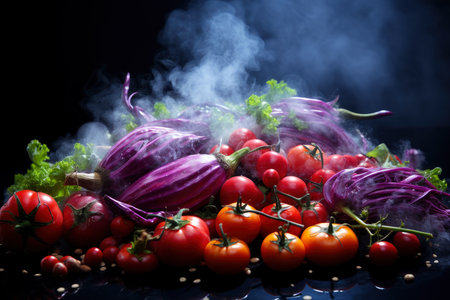 Fresh ripe vegetables with smoke on black background, healthy eating concept, AI Generated illustrationの素材