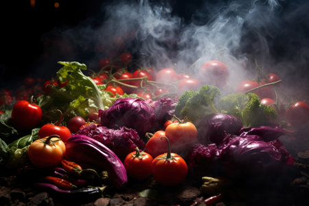 Fresh ripe vegetables with smoke on black background, healthy eating concept, AI Generated illustrationの素材