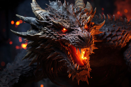 Ferocious fire-breathing dragon close-up, a scary mystical creature, AI Generated illustrationの素材