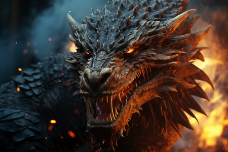 Ferocious fire-breathing dragon close-up, a scary mystical creature, AI Generated illustrationの素材