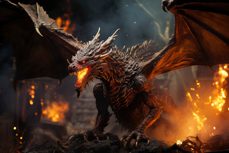 Ferocious fire-breathing dragon with big wings, claws and fangs, a scary mystical creature, AI Generated illustrationの素材