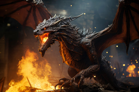 Ferocious fire-breathing dragon with big wings, claws and fangs, a scary mystical creature, AI Generated illustrationの素材