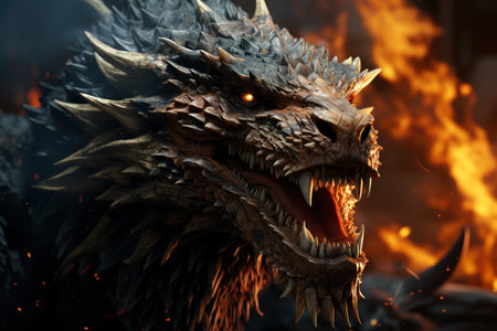 Ferocious fire-breathing dragon close-up, a scary mystical creature, AI Generated illustrationの素材