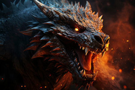 Ferocious fire-breathing dragon close-up, a scary mystical creature, AI Generated illustrationの素材