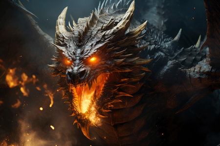 Ferocious fire-breathing dragon close-up, a scary mystical creature, AI Generated illustrationの素材