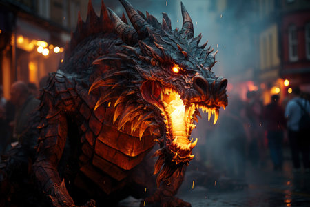 Ferocious fire-breathing dragon close-up, a scary mystical creature, AI Generated illustrationの素材