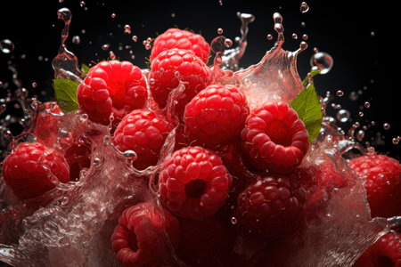 Ripe juicy tasty raspberries with juice splash on black background, AI Generated illustrationの素材