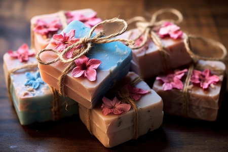 Bars of handmade natural soap with herbs and flowers, AI Generated illustrationの素材