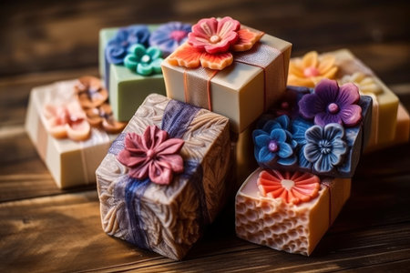 Bars of handmade natural soap with herbs and flowers, AI Generated illustrationの素材