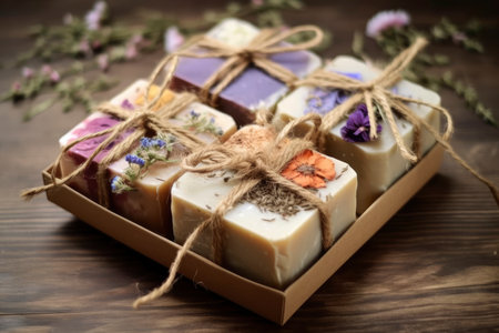 Bars of handmade natural soap with herbs and flowers, AI Generated illustrationの素材