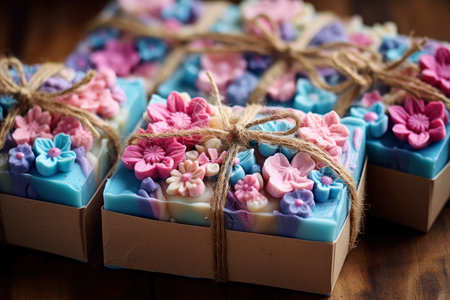 Bars of handmade natural soap with herbs and flowers, AI Generated illustrationの素材