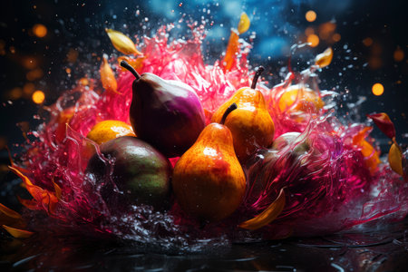 Explosion of taste, pear on a black background in a splash of juice, refreshing juicy fruit concept, AI Generated illustrationの素材