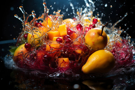 Explosion of taste, pear on a black background in a splash of juice, refreshing juicy fruit concept, AI Generated illustrationの素材