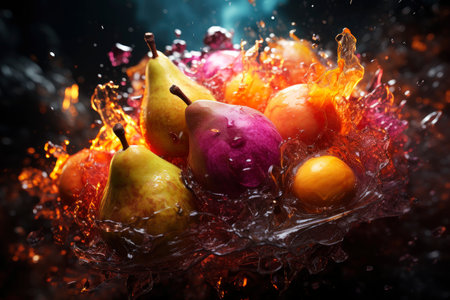 Explosion of taste, pear on a black background in a splash of juice, refreshing juicy fruit concept, AI Generated illustrationの素材
