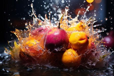 Explosion of taste, pear on a black background in a splash of juice, refreshing juicy fruit concept, AI Generated illustrationの素材