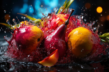 Explosion of taste, pear on a black background in a splash of juice, refreshing juicy fruit concept, AI Generated illustrationの素材