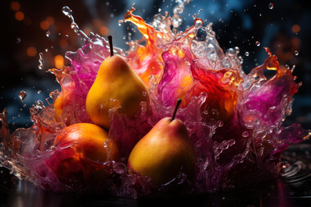 Explosion of taste, pear on a black background in a splash of juice, refreshing juicy fruit concept, AI Generated illustrationの素材