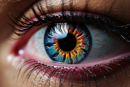 Female eye with bright and colorful makeup with eye shadow, mascara and contact lenses close-up, AI Generated illustrationの素材