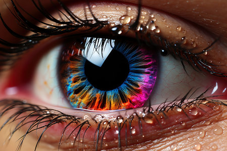 Female eye with bright and colorful makeup with eye shadow, mascara and contact lenses close-up, AI Generated illustrationの素材