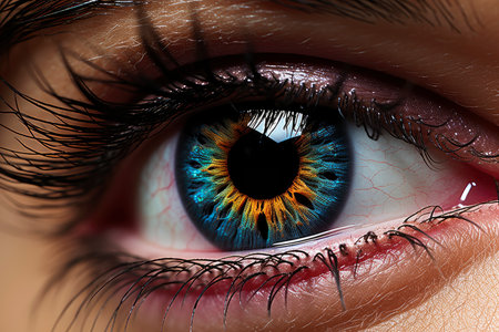 Female eye with bright and colorful makeup with eye shadow, mascara and contact lenses close-up, AI Generated illustrationの素材