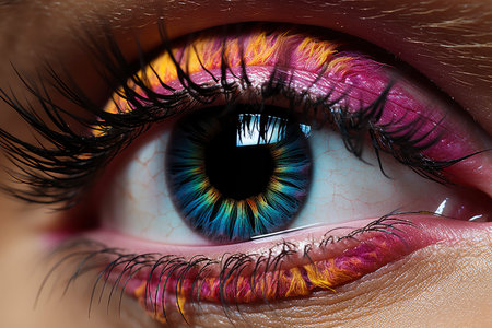 Female eye with bright and colorful makeup with eye shadow, mascara and contact lenses close-up, AI Generated illustrationの素材