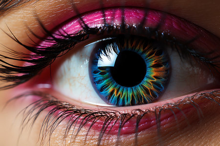 Female eye with bright and colorful makeup with eye shadow, mascara and contact lenses close-up, AI Generated illustrationの素材