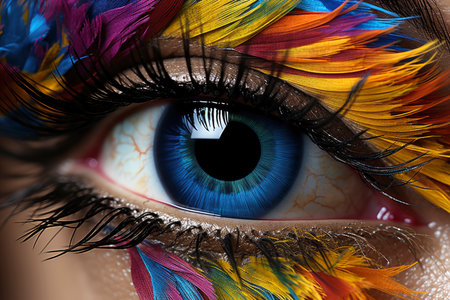 Female green eye with bright and colorful carnival makeup with feathers, eye shadow, mascara and contact lenses close-up, AI Generated illustrationの素材