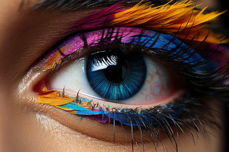 Female green eye with bright and colorful carnival makeup with feathers, eye shadow, mascara and contact lenses close-up, AI Generated illustrationの素材