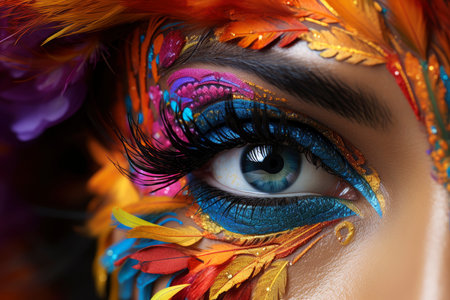 Female green eye with bright and colorful carnival makeup with feathers, eye shadow, mascara and contact lenses close-up, AI Generated illustrationの素材