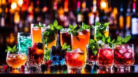 Many different refreshing colorful fruit cocktails with ice, lemon, mint and berries on a bar counter, night club party with soft drinks, AI Generated illustrationの素材